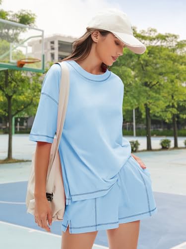 EXLURA Women's Casual Summer 2 Piece Sets 100% Cotton Short Sleeve Tshirt and Shorts Matching Sweatsuits Lounge Set 20253