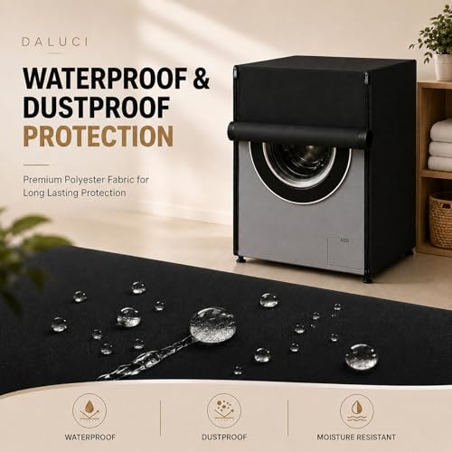 Image of DALUCI Washing Machine Cover Front Load for 6 Kg, 6.5 Kg, 7 Kg & 7.5 Kg Fully Automatic Machines | Waterproof Dustproof Polyester Protective Cover with Zipper (Black, 59X59X86 CM)