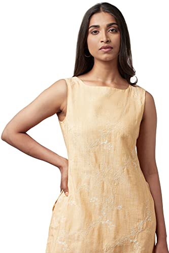 Image of W for Woman Women's Light Orange Cotton Sleeveless Dress with Floral Print Above The Knee