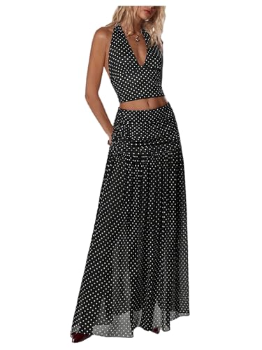 SOLY HUX Women's 2 Piece Skirt Sets Polka Dots Halter Crop Tops and Maxi Skirt Party Going Out Outfits Black Polka Dots X-Small