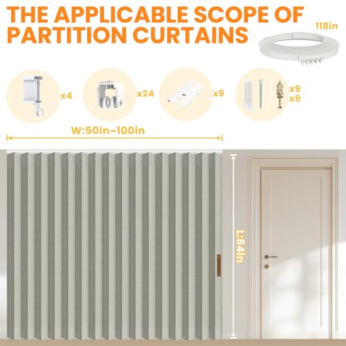 Image of Room Divider Curtain Sets with Flexible Ceiling Track, Privacy Soundproof Curtain for Bedroom Office Patio Sliding Door(Grey, W100 x L84, 1 Pack)