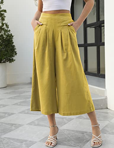 Image of Gihuo Culottes for Women Linen Wide Leg Gauchos Capri Palazzo Pants | Cotton Linen Pants,Flowy Pants,Women's Culottes,Cropped Pants,Elastic Waist Trousers with Pockets