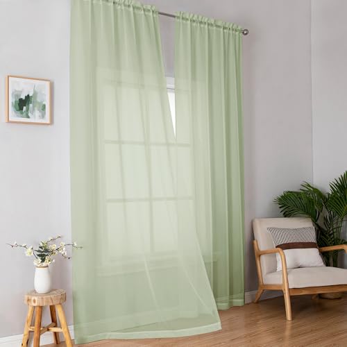 Image of OWENIE Sheer Curtains 84 inches Long 2 Panels Set for Bedroom Living Room, Soft Solid Living Room Rod Pocket Light Filtering Curtains, 2 Pcs Each 42 inch W x 84 inch L, Light Green