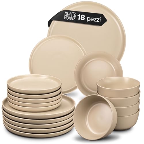 Moritz & Moritz NORDIC - Set di stoviglie per 6 persone, 18 pezzi, colore Beige, elegante set di piatti in gres di alta qualità, 6 piatti da dessert, 6 piatti fondi