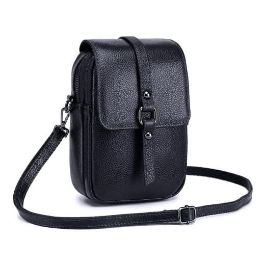 Bolsa para celular de couro legítimo vintage para mulheres retrô acolchoada tamanho pequeno transversal bolsa para meninas, Preto, P