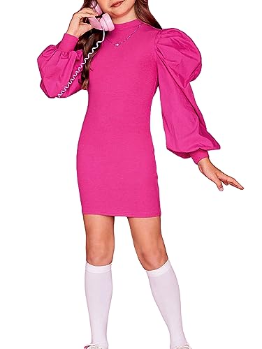 WDIRARA Girl's Knitted Mock Neck Bodycon Mini Dress Lantern Sleeve Short Pencil Dress