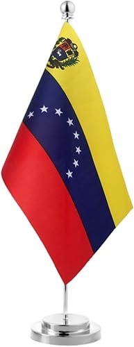 Bandera de mesa venezolana de escritorio de Venezuela con base de soporte de acero inoxidable duradero de 11.8 in, banderas de escritorio para