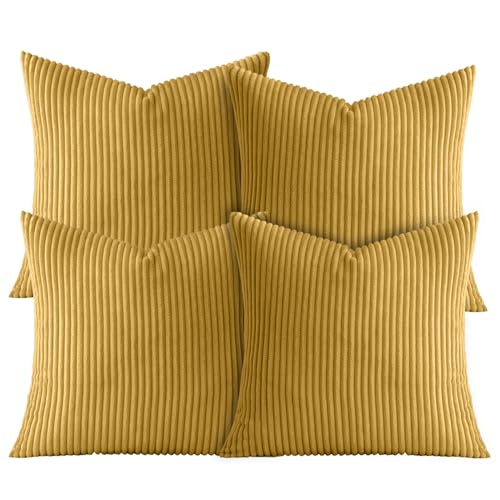 AMEHA Soft Stripe Ochre Velvet Cushion Covers 45 x 45 cm Set of 4 Pcs with Invisible Zipper Decorative Square Throw Pillowcases for Bedroom, Sofa (18x18 inch Stripe Cushions)