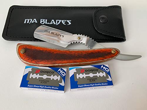MA BLADES Brown Wooden Handle Professional Straight Razor with 20 Extra Disposable Blades