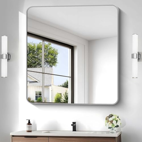 Image of Silver Bathroom Mirror, 42 x 42 Inch Silver Square Mirror, Metal Framed Rectangular Vanity Mirror, Rounded Corner Wall Mounted Mirror for Living Room Bedroom Entryway Hangs Horizontal /Vertical