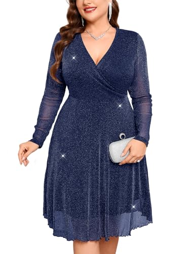 ZOMVA Plus Size Sparkly Mesh Dress A Line V Neck Wrap Short Glitter Dresses Wedding Guest Cocktail Evening Party