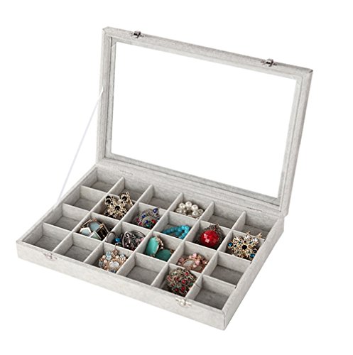 Wudygirl Ice Velvet 24 Grid Jewelry Tray Box Removable Display Case Organizer Glass Top Lid & Lock(24 Grid) #TOP1