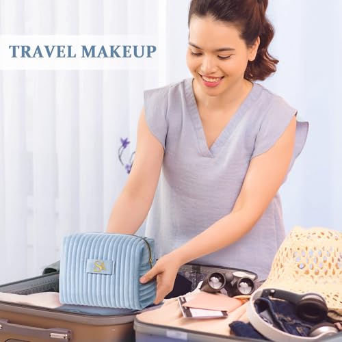 Image of COSHAYSOO Travel Makeup Bag Initial Make Up Bags Velvet Cosmetic Pouch, Monogrammed Gifts for Women Cheerleader Volunteer Boss Lady Office Administrator Counselor Gifts Blue Letter I