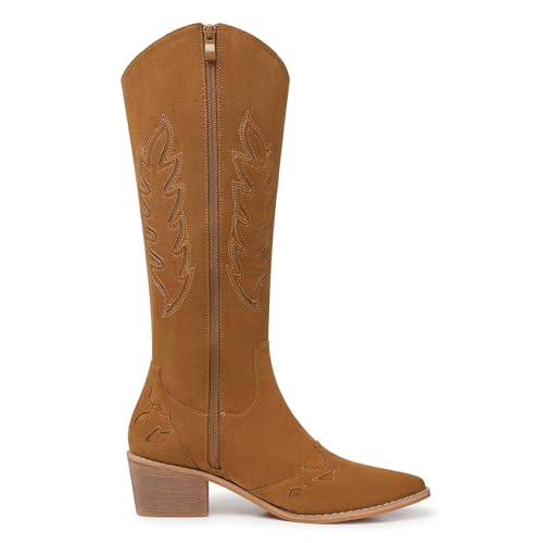 Image of SHIBEVER Suede Knee High Cowboy Boots for Women Comfortable Tall Cowgirl Boots Zipper Low Heel Fall Winter Western Booties