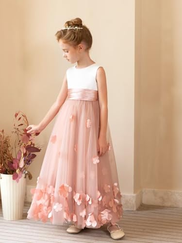 MCieloLuna 3D Applique Satin Tulle Flower Girl Dress Sleeveless O Neck Floor Length Girls Pageant Princess for Wedding Gowns4