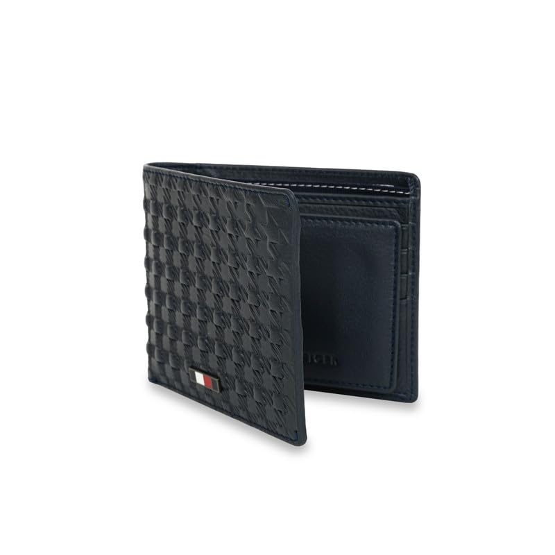 Image of Tommy Hilfiger Men's Leather Passcase Wallet Palena| Navy Bifold with Removable ID Window & Debossed Pattern | Stylish & Functional | Ideal for Gifting