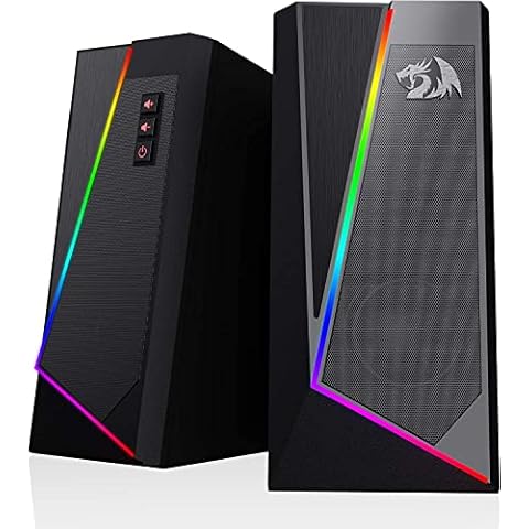 Redragon GS520 Anvil RGB Desktop Speakers, 2.0 Channel PC Computer Stereo Speaker with 6 Colorful LED Modes, Enhanced Bass and Easy-Access Volume Control, USB Powered w/ 3.5mm Cable Cover