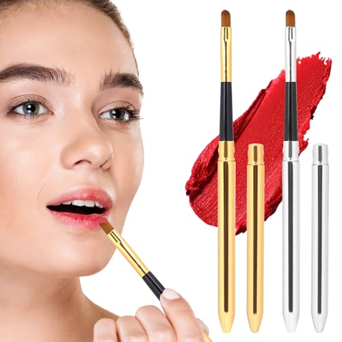 Pinceles de labios con tapa, paquete de 2 mini pinceles de labios planos para crema brillante, pinceles profesionales reutilizables de viaje, herramientas de maquillaje para mujeres (oro, plata)