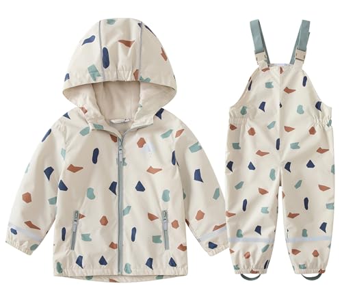 DAWILS Mädchen Regenjacke Regenhose Kinder Zweiteiliger Regenanzug Set Jungen Regenjacken Regenlatzhose Mäntel Baby Matschhose Regenbekleidung Wind- und Wasserdicht Bekleidungsset Geometrische 92