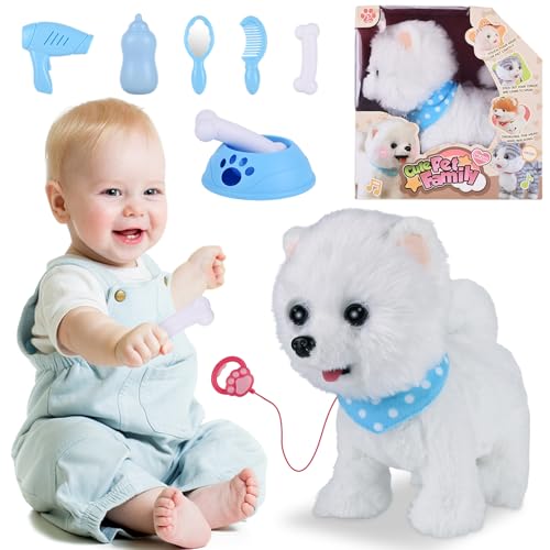 Zoelele Elettronico Cane Giocattolo, Cucciolo di Peluche Interattivo con Fune di traino telecomandata,Cagnolino che Abbaia e Cammina, Imparare a Parlare, Sporgere la Lingua, Regali per i Bambini