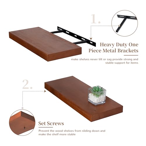 Image of Marsmiles Wood Floating Shelves | Rustic Mahogany Wood Wall Shelves Set of 2 | 16 inch W x 6.7 inch D Wooden Floating Shelves for Bathroom Kitchen Living Room Bedroom