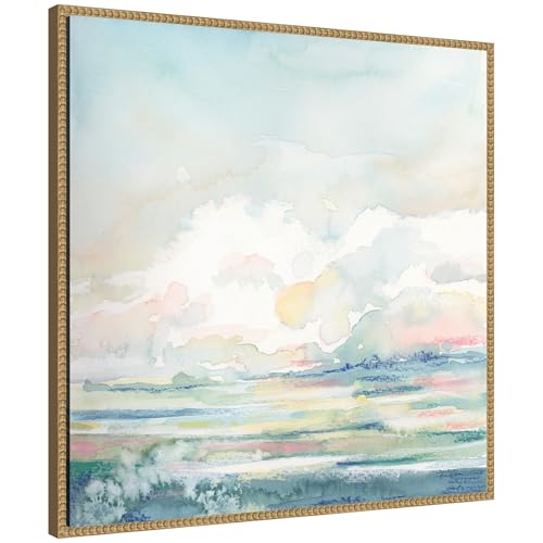 Kate and Laurel Sylvie Stillness Framed Canvas Wall Art by Julie Maida 30 x 30 Beaded Natural, Modern Contemporary, Coastal Neutral Landscape, Nature Art for Wall Decor, Living Room, Bedroom