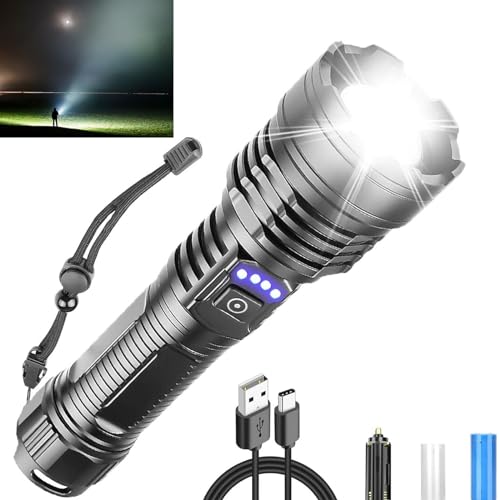 Chasinglee torcia led potente professionale 100000 High Lumen Super BrightTorcia ricaricabile con batteria e cavo USB, torcia tattica portatile potente,5 modalità per il campeggio di emergenza lettura