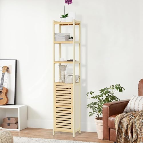 TerraVibe Badezimmerhochschrank, Badregal Bambus, Handtuch Schrank, Badschrank Schmal Hoch mit 1 Tür, Bathroom Storage Cabinet, Toilettenschrank für Badezimmer, Flur, Küche, Wohnzimmer