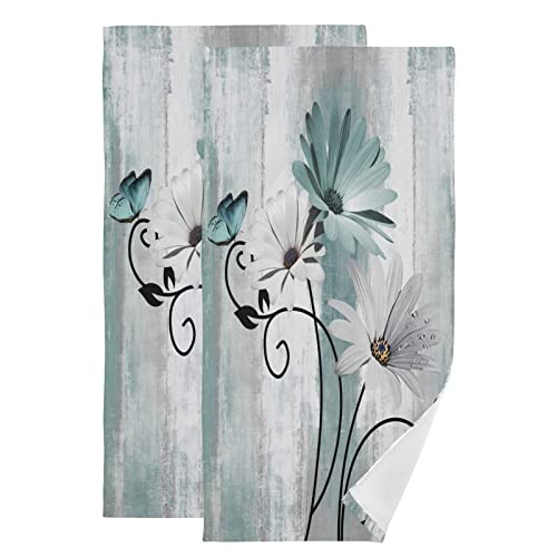 Aiyooler Hand Towels For Bathroom Set Of 2 Farm Teal White Daisy Floral Flowers Butterfly On Country Wooden Soft Absorbent Small Bath Towels Decorative Kitchen Guest Dish Towel For Spa,Hotel 28X14In #TOP7