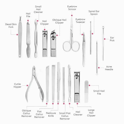 Image of Gleva 18 Pieces Stainless Steel Manicure Kit, Nail Cutter Set, Manicure Pedicure Kit, Manicure Set, Personal Care Nail Clipper Kit, Nail Kit, Nail Tools with Leather Travel Case For Men & Women (Dark Pink)