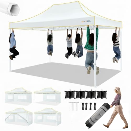 Image of HOTEEL 10x15 Pop up Canopy Tent for Parties, Heavy Duty Easy Setup Tent with 4 Sidewalls, Outdoor Commercial Instant Gazebo for Wedding Event, with Roller Bag & Sand Bags, White(Hexagonal Frame)