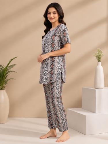 Image of KIAWAH Women Printed Night Suit Set, Cotton Blend Night Suit, A-Line Top and Pajama Set, Soft and Breathable Night Wear