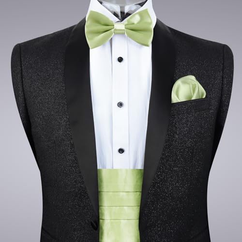 Image of Alizeal Mens Multicolored Silk Solid Cummerbund Bow Tie Set | with Cummerbund Pocket Square Pre-tied Adjustable for Mens Gift