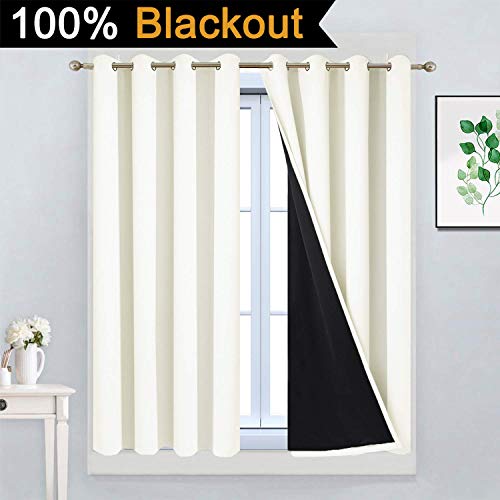 Image of Yakamok Cream 100% Blackout Curtains 45 Inches Long for Bedroom 52 inch Wide | Blackout Curtain Panels for Bedroom, 2 Thick Layers Grommet Top Thermal Insulated Drapes with Black Liner for Living Room