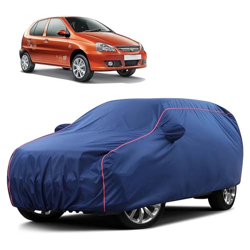 Image of Sulfar 100% Water Resistant Car Body Cover Compatible with Mirror for Tata Indica eV2 (Triple Stitched, Full Bottom Elastic, Blue Taffeta with Red Piping)