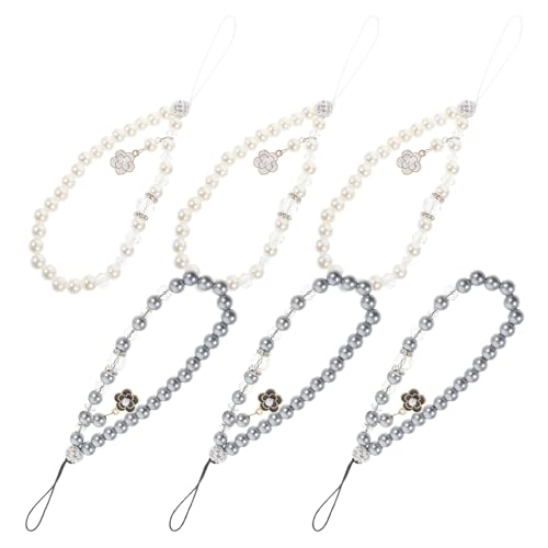 Cadena para teléfono móvil de perlas colgante de flor pequeño y cuentas grises de 6 piezas
