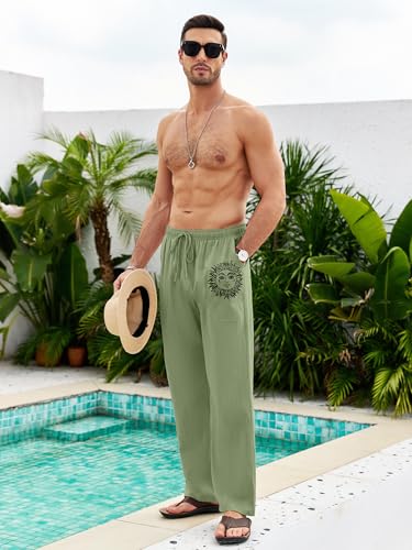 Litthing Pantaloni Lino Uomo Pantalonis da Jogging in Cotone Estivi Casual Tasche Pants Larghi Coulisse Pant Comodi e Leggeri Mare