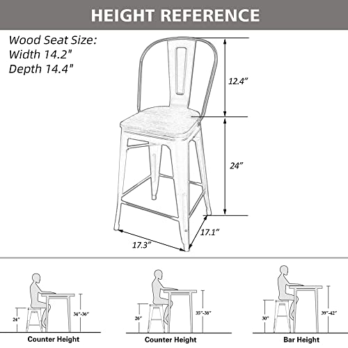 Yongqiang 24" Bar Stools Set Of 4 High Back Metal Counter Height Chairs Barstools With Wooden Seat Industrial Bar Chairs Silver #TOP1