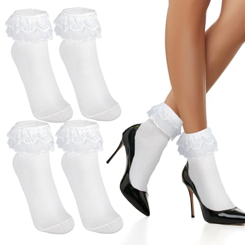 Quilax 2 Pairs Cotton Frilly Socks, Cute Princess Ruffle Socks Size 5-9, Turn Cuff Girls Lace Sock, Mini White Ankle Crew Sock for Fashion Girls Ladies Women