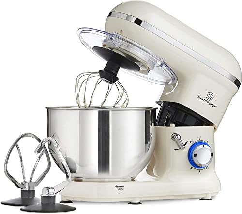 MisterChef® Pro Professionelle elektrische Küchenmaschine 1400 W – große Schüssel – 3 Aufsätze: Eierbeater, Knethaken und Schneebesen aus Edelstahl – 5,5 l Edelstahlschüssel