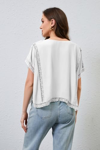 MISSACTIVER Women V Neck Tie Open Front Shirts Summer Oversized Button Down Blouses Casual Short Sleeve Lace Trim Shirt Tops3