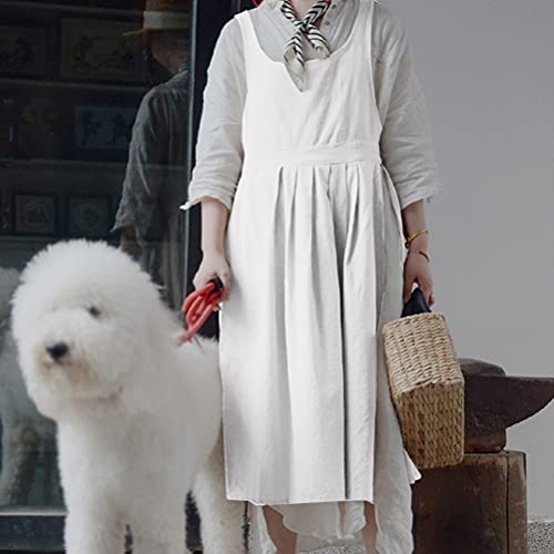 Women Girls Vintage Pleated Split Apron V Neck Gardening Works Cotton Overall Smock Pinafore Dress (White, 40" L) #TOP5