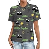 JOJOART Women Polo Shirts Crocodile Mountains Sun Shapes Short Sleeve 2-Button Collar Golf Top, Casual Wear for Business Running Tennis Workout Athletic XL
