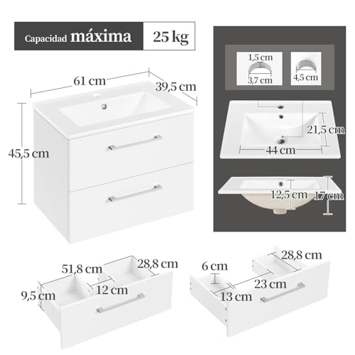 Yaheetech Mueble Baño con Lavabo Mueble de Lavabo bajo el Grifo Suspendido en Pared con 2 Cajones Mueble Auxiliar baño 61x39,5x45,5 cm Blanco - imagen 3