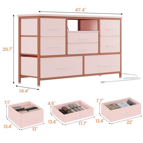 Jojoka 8-Drawer LED Dresser TV Stand with Power Outlet for 55'' TV - Wide Storage Chest for Bedroom, Living Room & Entryway, Wood Top Console Table with 22 Light Modes