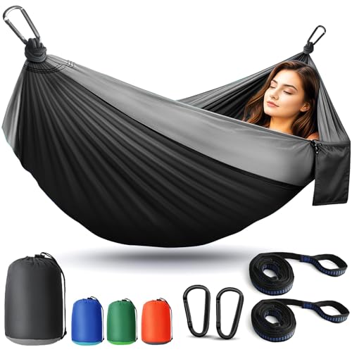 Camping Hammock Lightweight, Portable Hammocks Parachute Hammock with Two Tree Straps, Single or Double Travel Swing Nylon Camp Hammocks, Outdoor Essentials for Beach Backpacking Hiking, Orange
