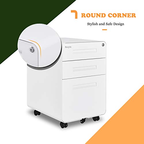 Bonnlo 23.8" H 3 Drawer Rolling File Cabinet With Lock, Mobile File Cabinet Under Desk With Pencil Tray, White Locking File Cabinet For Home Office, Metal Filing Cabinet Printer Stand Fully Assembled #TOP6