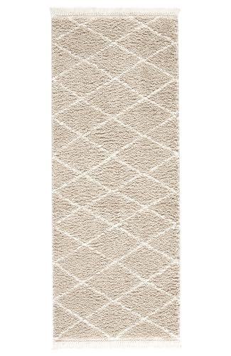 TESSO LIVING Hochflor Teppich - Beige - 120 x 160 cm - Diamantmuster Shaggy Teppich Mit Fransen – Besonders Weich