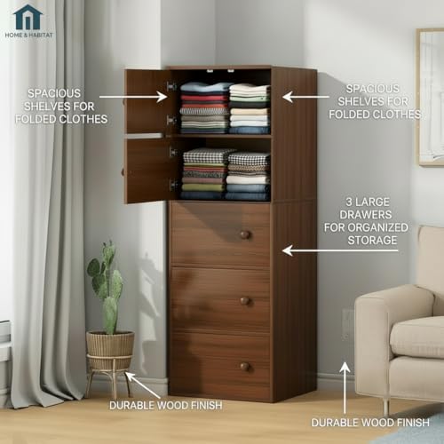 Image of EXVITO Engineered Wood Wardrobe for Bedroom | Foldable 5-Shelf Wooden Storage Cabinet | Cupboard Almirah for Clothes | Collapsible Wardrobe | Space Saving Wooden Cabinet - Walnut