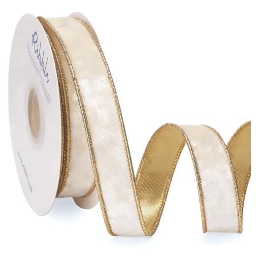 Ribbli Ivory Velvet Wired Ribbon 1 Inch Metallic Ivory Gold Crushed Velvet Christmas Ribbon for Gift Wrapping Christmas Tree Decoration Crafts Wreaths Supplies-Continuous 10 Yards